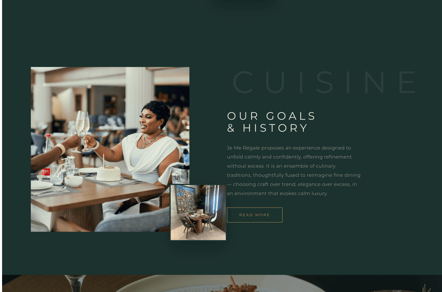 Homepage of the Je Me Régale fine-dining restaurant website.