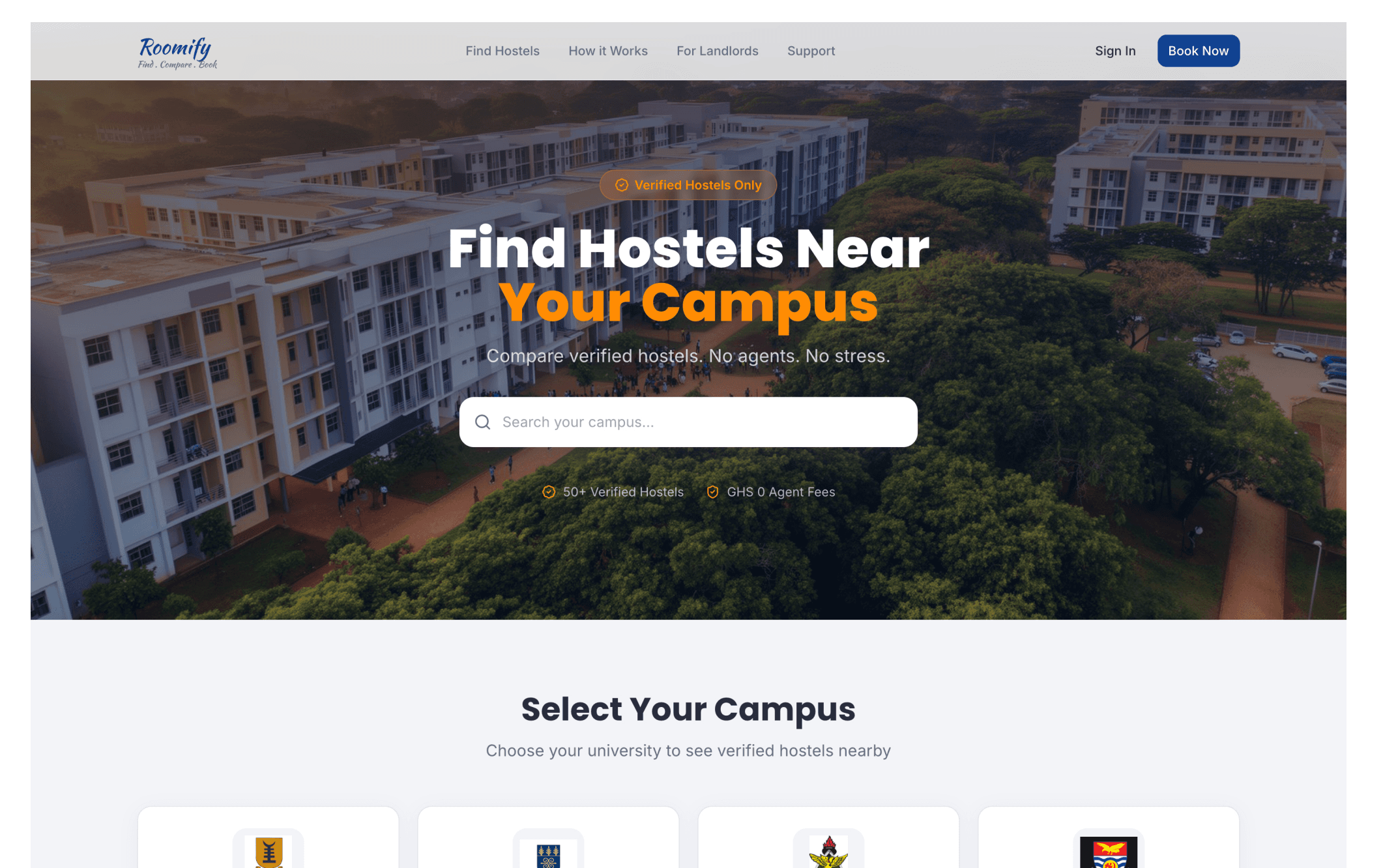 Homepage of the Roomify student-housing booking platform.